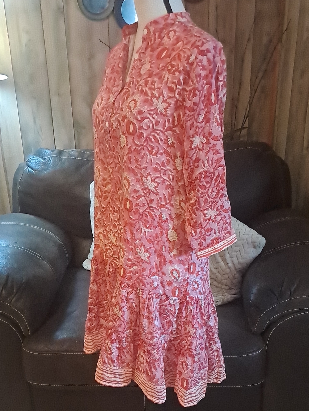 Bell By Alicia Bell Boho Silk Cotton Blend Floral Tiered Tunic Dress Red Pink - Picture 4 of 9